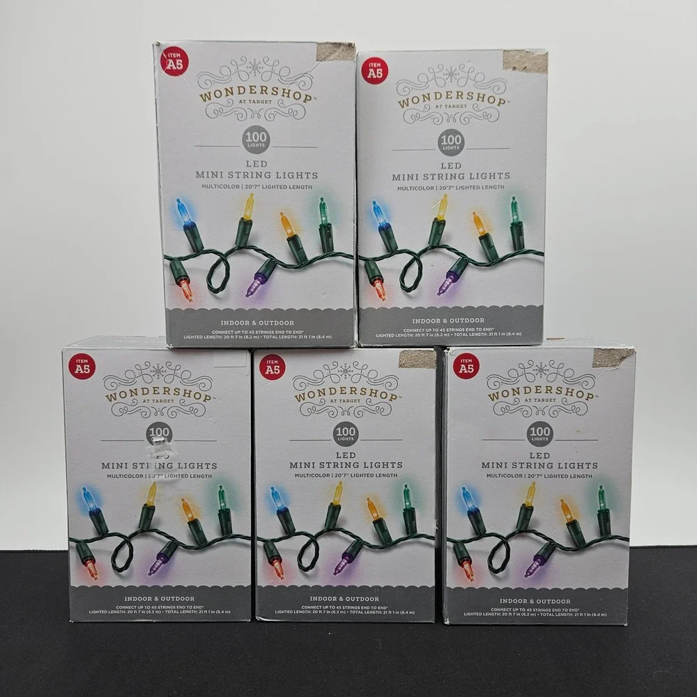 Lot of 5 Wondershop Target 100 LED Mini String Lights‎ Multicolor Green Wire A5